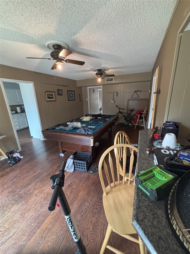 701 Rocky Canyon Rd, Arlington, TX 76012 - dining space featuring a textured ceiling, billiards, wood finished floors, and a ceiling fan