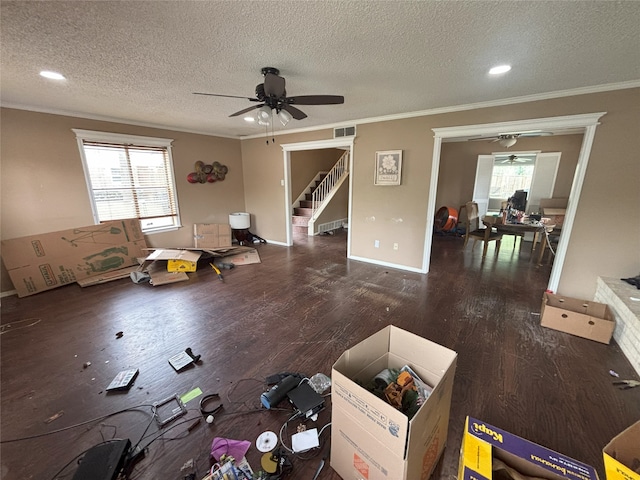 701 Rocky Canyon Rd, Arlington, TX 76012 - living area featuring ornamental molding, ceiling fan, wood finished floors, a textured ceiling, and stairs