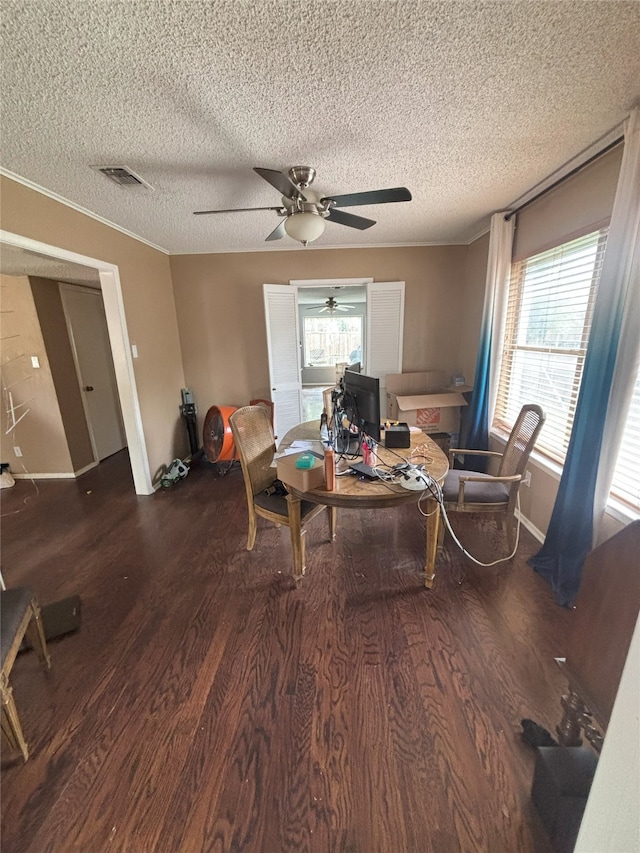701 Rocky Canyon Rd, Arlington, TX 76012 - office area featuring wood finished floors, plenty of natural light, a textured ceiling, and ceiling fan