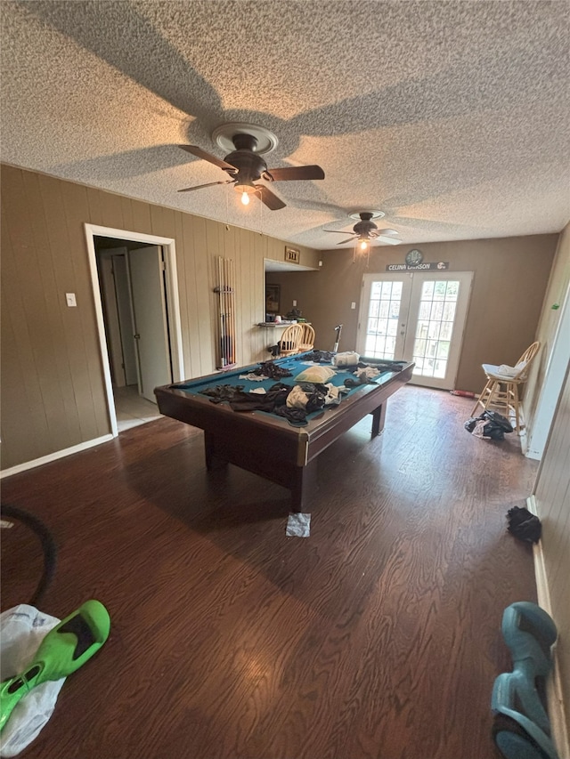 701 Rocky Canyon Rd, Arlington, TX 76012 - game room with pool table, a textured ceiling, french doors, wood finished floors, and ceiling fan