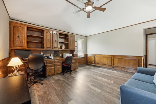 108 Circleview Dr S, Hurst, TX 76054 - home office featuring a ceiling fan, lofted ceiling, wood finished floors, wainscoting, and built in desk