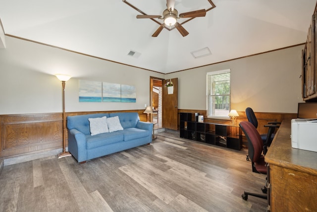 108 Circleview Dr S, Hurst, TX 76054 - office featuring wood finished floors, a ceiling fan, vaulted ceiling, and a wainscoted wall