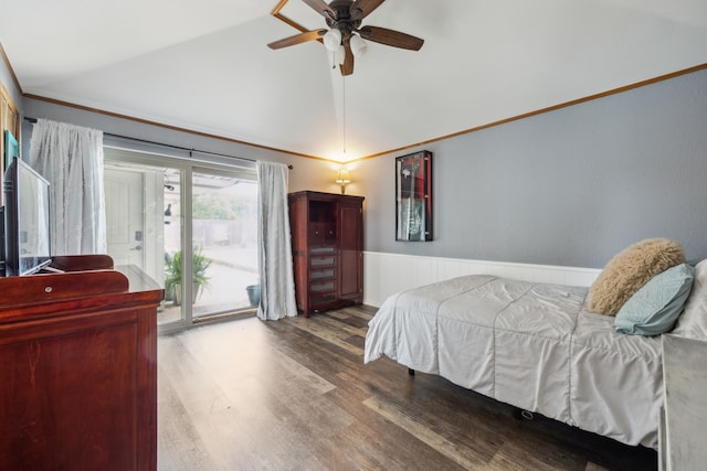 108 Circleview Dr S, Hurst, TX 76054 - bedroom featuring access to outside, vaulted ceiling, wainscoting, wood finished floors, and ceiling fan
