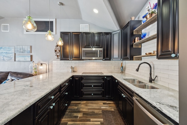 108 Circleview Dr S, Hurst, TX 76054 - kitchen with stainless steel appliances, a sink, vaulted ceiling, open shelves, and dark wood-style flooring
