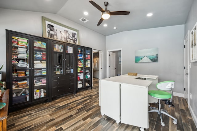 108 Circleview Dr S, Hurst, TX 76054 - office area featuring vaulted ceiling, ceiling fan, dark wood-style floors, baseboards, and recessed lighting