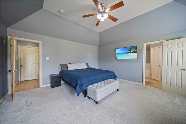 105 Universal Dr, Fate, TX 75189 - tiled bedroom featuring carpet, baseboards, vaulted ceiling, and ceiling fan