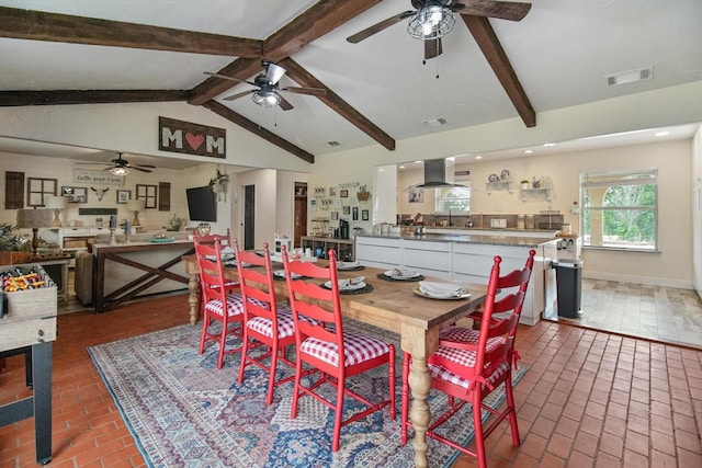 3044 US Highway 80, Grand Saline, TX 75140 - dining area featuring ceiling fan, brick floors, baseboards, and recessed lighting