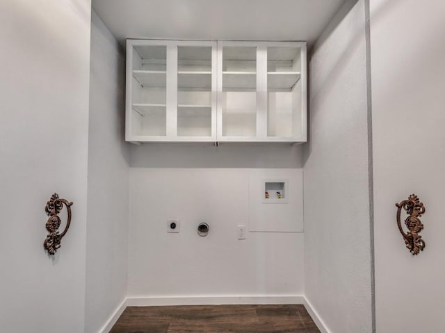 3101 Oak Hill Rd, Carrollton, TX 75007 - laundry area with electric dryer hookup, dark wood-style flooring, hookup for a washing machine, and baseboards