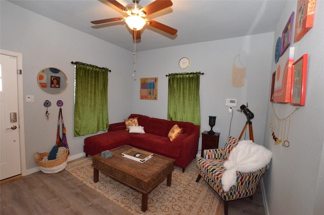 702 N Tennessee St, Mckinney, TX 75069 - living room featuring wood finished floors, ceiling fan, and baseboards