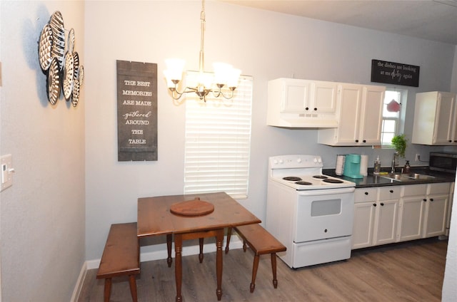 702 N Tennessee St, Mckinney, TX 75069 - kitchen with white electric range, a sink, under cabinet range hood, a chandelier, and wood finished floors