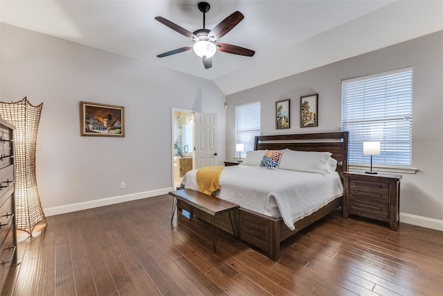 5801 Maidstone Dr, Richardson, TX 75082 - bedroom featuring multiple windows, lofted ceiling, dark wood-style flooring, ensuite bathroom, and ceiling fan