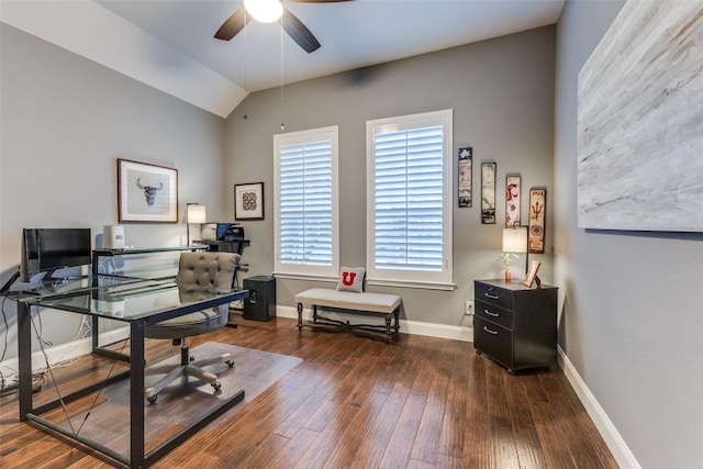 5801 Maidstone Dr, Richardson, TX 75082 - office area featuring hardwood / wood-style flooring, ceiling fan, and lofted ceiling