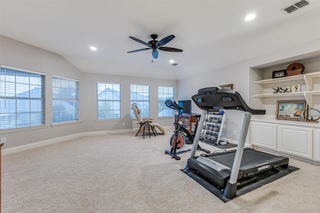 5801 Maidstone Dr, Richardson, TX 75082 - exercise room with ceiling fan, light carpet, and recessed lighting