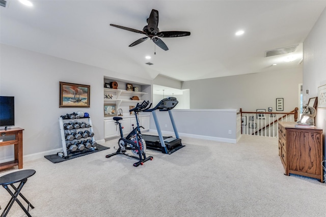 5801 Maidstone Dr, Richardson, TX 75082 - exercise room featuring a ceiling fan, carpet flooring, vaulted ceiling, and recessed lighting
