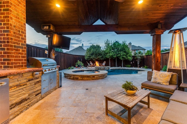 5801 Maidstone Dr, Richardson, TX 75082 - fenced backyard featuring a patio, area for grilling, and a pool with connected hot tub