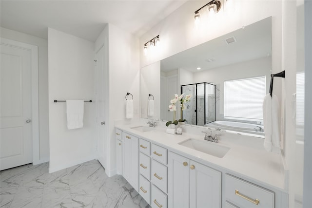 3011 Whitby St, Prosper, TX 75078 - full bath with a shower stall, a bath, double vanity, marble look tiles, and baseboards