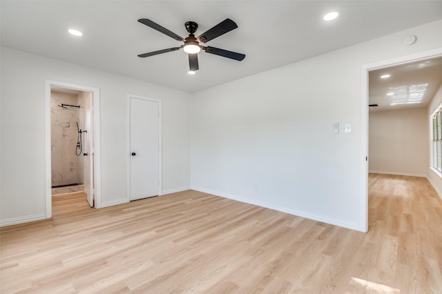 3524 Swan St, Haltom City, TX 76117 - unfurnished bedroom featuring recessed lighting, baseboards, light wood-style floors, connected bathroom, and ceiling fan