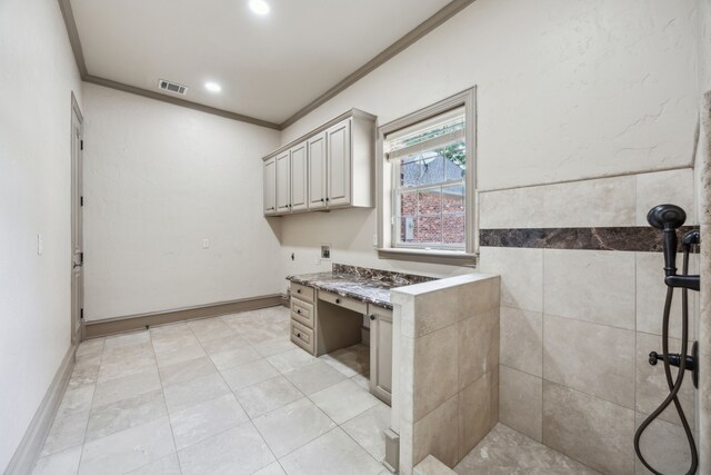 585 N Peytonville Ave, Southlake, TX 76092 - washroom featuring hookup for an electric dryer, crown molding, an office area, cabinet space, and recessed lighting