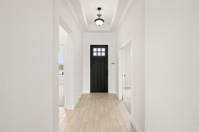 366 Paddle Boat Dr, Granbury, TX 76048 - entrance foyer with light wood-style flooring, baseboards, a tray ceiling, and ornamental molding