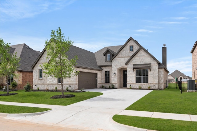 366 Paddle Boat Dr, Granbury, TX 76048 - french provincial home featuring central air condition unit, brick siding, stone siding, and concrete driveway