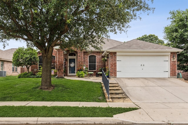 13137 Fencerow Rd, Fort Worth, TX 76244 - view of front of house featuring a garage, brick siding, concrete driveway, a front lawn, and cooling unit