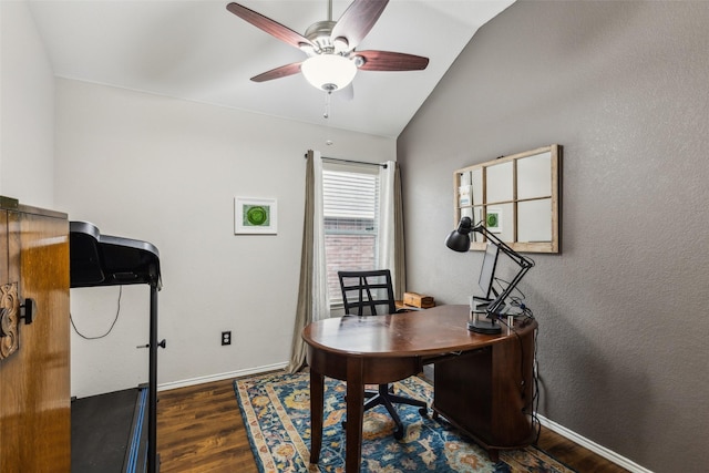 13137 Fencerow Rd, Fort Worth, TX 76244 - home office with vaulted ceiling, wood finished floors, ceiling fan, and baseboards
