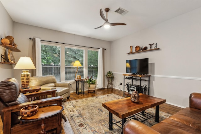 13137 Fencerow Rd, Fort Worth, TX 76244 - living area with ceiling fan, wood finished floors, and baseboards