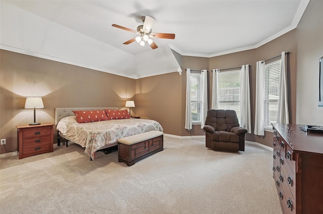 7917 Chapelwood Dr, North Richland Hills, TX 76182 - bedroom with light carpet, baseboards, ornamental molding, and ceiling fan