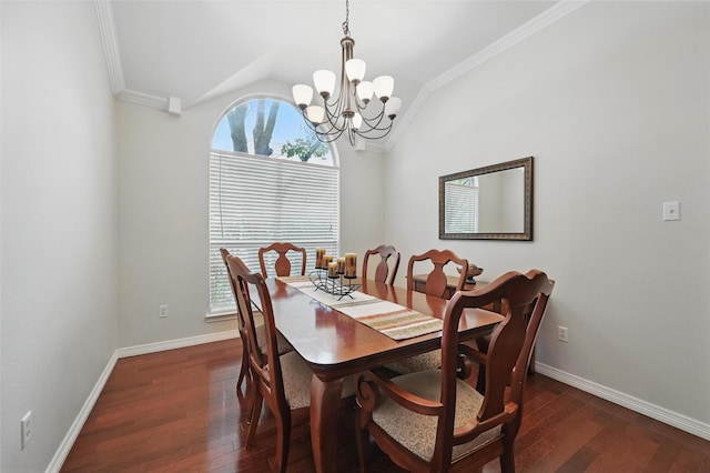 7917 Chapelwood Dr, North Richland Hills, TX 76182 - dining room featuring crown molding, vaulted ceiling, a chandelier, dark wood-type flooring, and baseboards