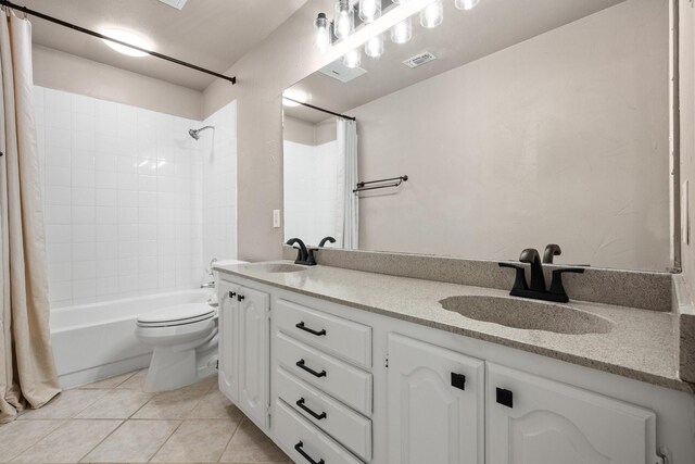 310 Singletree St, Highland Village, TX 75077 - bathroom featuring double vanity, shower / tub combo, toilet, and tile patterned flooring