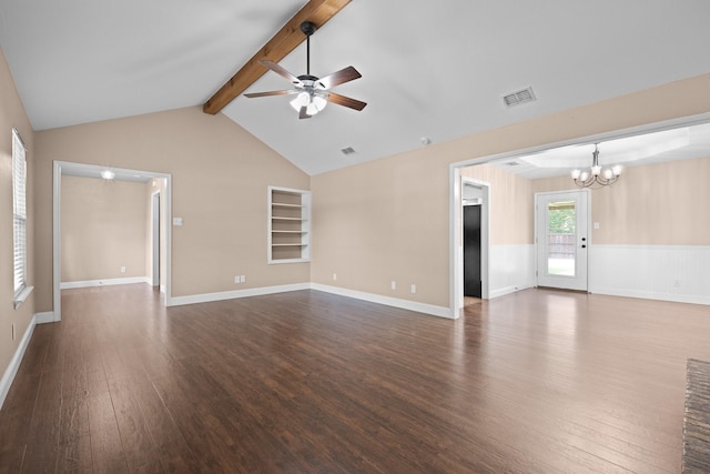 310 Singletree St, Highland Village, TX 75077 - unfurnished living room with dark wood-style flooring, a chandelier, a ceiling fan, and built in features