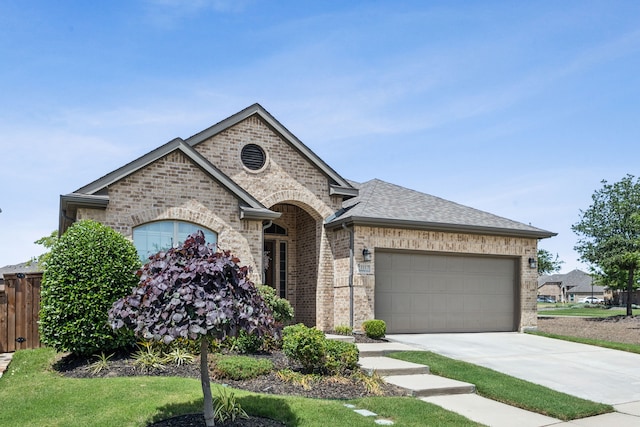 1117 Summer Ln, Mckinney, TX 75071 - french country home with a garage, brick siding, driveway, and roof with shingles