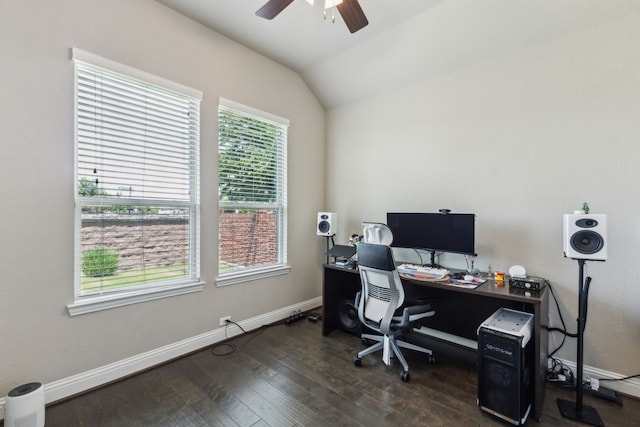 1117 Summer Ln, Mckinney, TX 75071 - home office with ceiling fan, dark wood-type flooring, vaulted ceiling, and baseboards