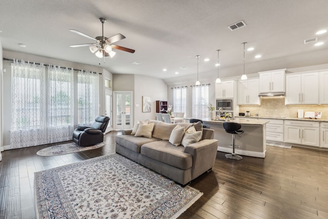 1117 Summer Ln, Mckinney, TX 75071 - living room with a ceiling fan, dark wood-style floors, and recessed lighting