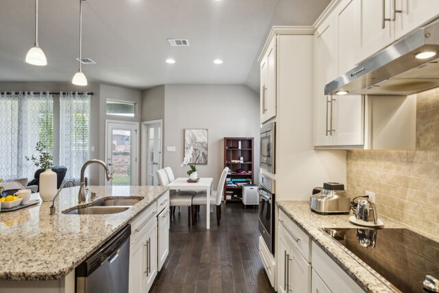 1117 Summer Ln, Mckinney, TX 75071 - kitchen with appliances with stainless steel finishes, under cabinet range hood, a sink, white cabinetry, and recessed lighting