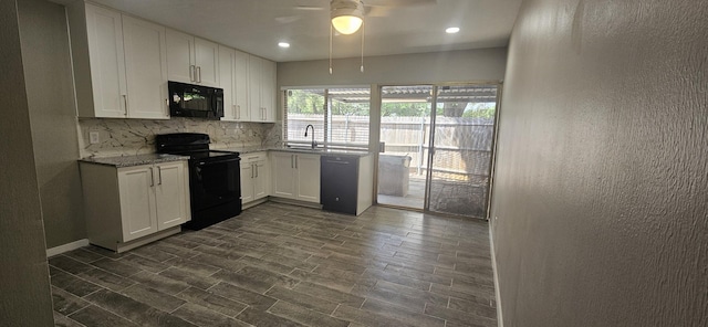 402 Ivy Way, Garland, TX 75043 - kitchen with black appliances, decorative backsplash, a ceiling fan, white cabinets, and recessed lighting