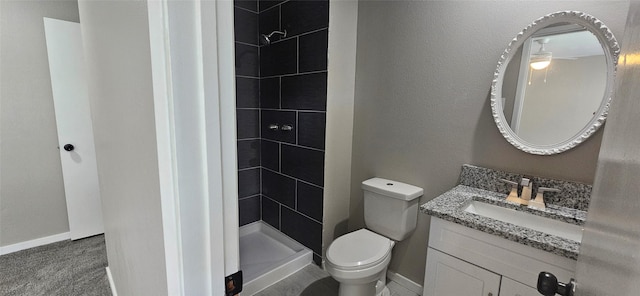 402 Ivy Way, Garland, TX 75043 - bathroom featuring a shower stall, toilet, vanity, and baseboards