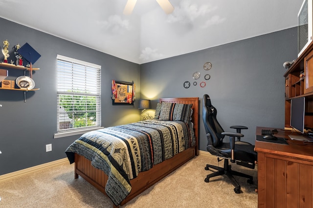 1765 Mustang Trl, Frisco, TX 75033 - bedroom with light colored carpet, an office area, baseboards, a ceiling fan, and lofted ceiling