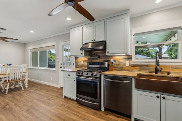 12305 Sunland St, Dallas, TX 75218 - kitchen with appliances with stainless steel finishes, a ceiling fan, under cabinet range hood, a sink, and tasteful backsplash