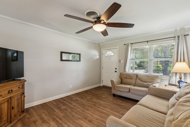 12305 Sunland St, Dallas, TX 75218 - living area with crown molding, a ceiling fan, dark wood-style floors, and baseboards