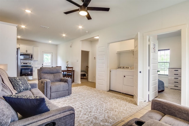 408 Peabody St, Hillsboro, TX 76645 - living room featuring separate washer and dryer, ceiling fan, light tile patterned floors, and recessed lighting