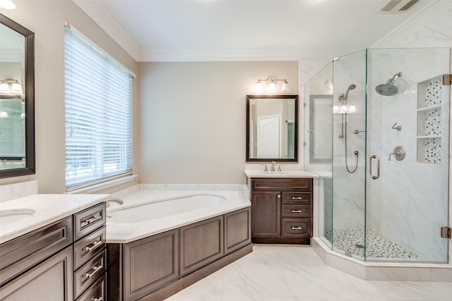 6500 Bolliger Ct, Frisco, TX 75035 - bathroom with a stall shower, a bath, two vanities, crown molding, and marble finish floors