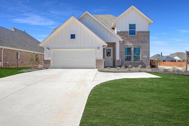 449 Smith Rd, Springtown, TX 76082 - view of front of house with brick siding, board and batten siding, driveway, a front lawn, and an attached garage