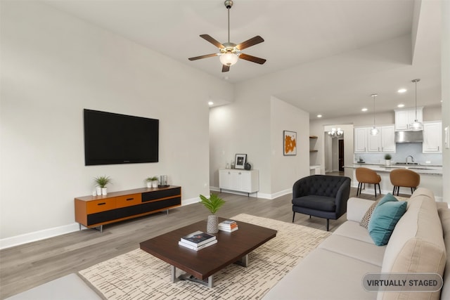 1725 Rolling Heights Ln, Fort Worth, TX 76008 - living room featuring light wood finished floors, a ceiling fan, recessed lighting, and baseboards