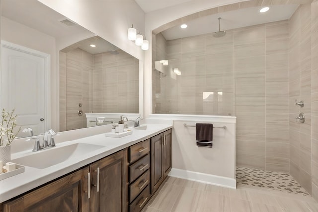 1725 Rolling Heights Ln, Fort Worth, TX 76008 - full bathroom with double vanity, walk in shower, tile patterned floors, and recessed lighting