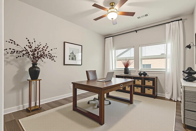 1725 Rolling Heights Ln, Fort Worth, TX 76008 - home office featuring a ceiling fan, dark wood-style floors, and baseboards