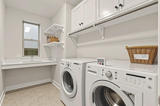 1725 Rolling Heights Ln, Fort Worth, TX 76008 - laundry area featuring cabinet space, washer and dryer, baseboards, and light tile patterned floors