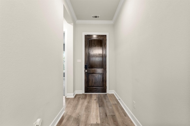 1725 Rolling Heights Ln, Fort Worth, TX 76008 - doorway with crown molding, wood finished floors, and baseboards