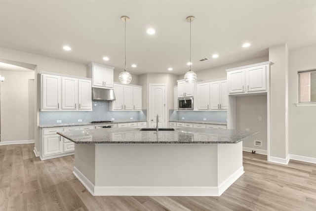 1725 Rolling Heights Ln, Fort Worth, TX 76008 - kitchen featuring stainless steel microwave, under cabinet range hood, white cabinets, light wood-type flooring, and recessed lighting