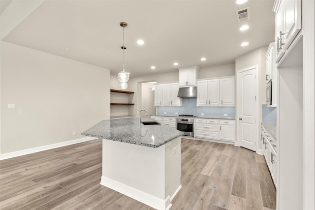 1725 Rolling Heights Ln, Fort Worth, TX 76008 - kitchen with under cabinet range hood, stainless steel appliances, a sink, light wood-style flooring, and recessed lighting